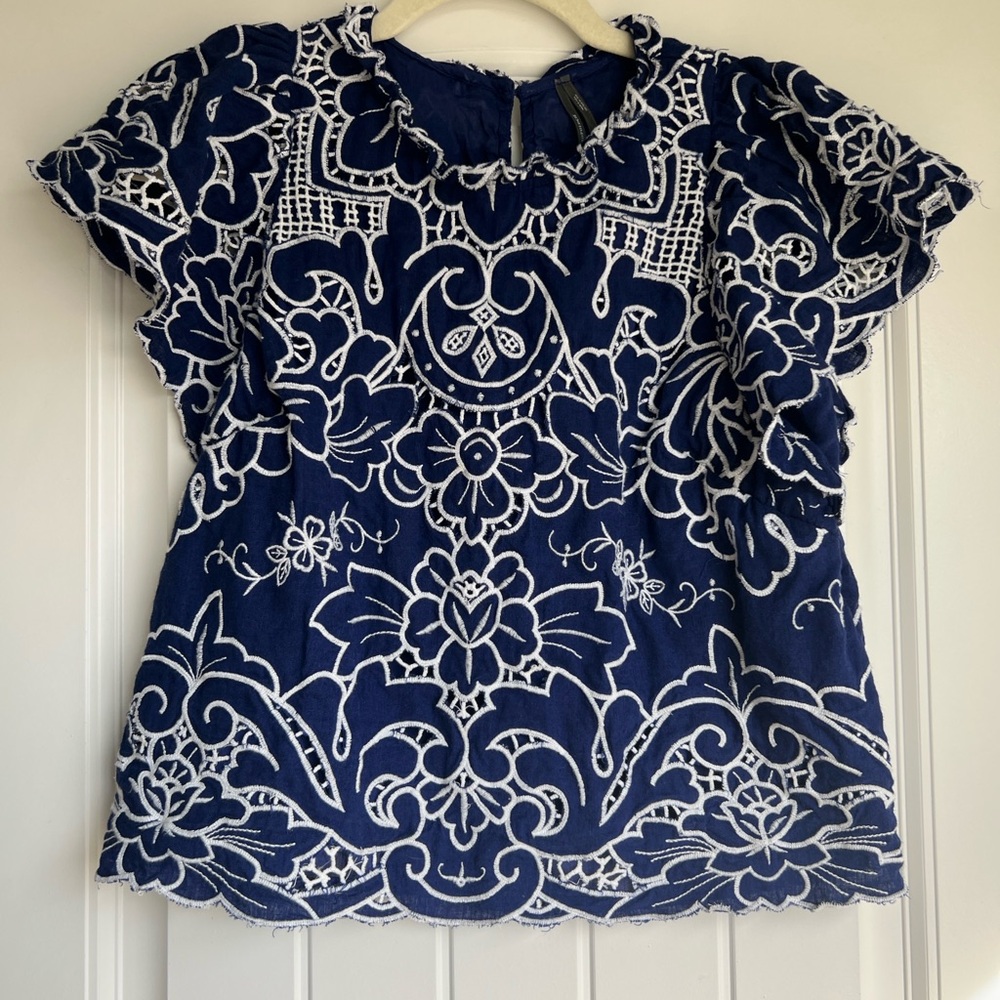 Anthropologie Navy Blouse with Ivory Detailing